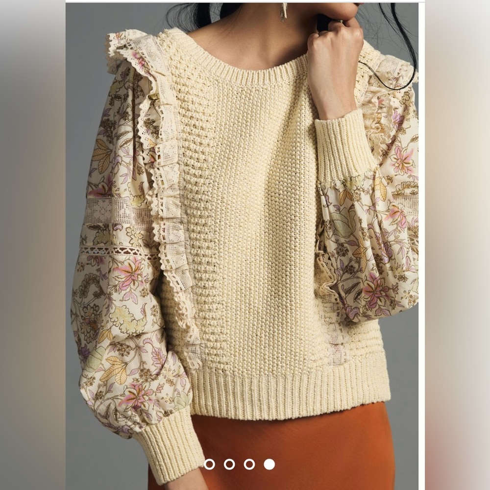 NWT By Anthropologie Printed-Sleeve Ruffle Sweater